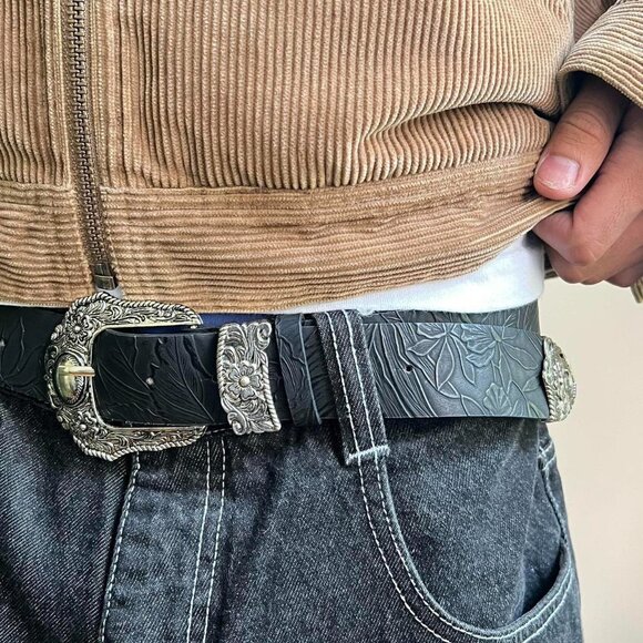 vintage style black American western floral silver boho belt - Picture 5 of 7